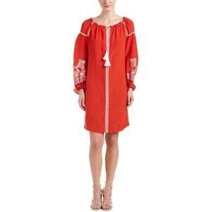 Maje Ramette Dress Sz 1 Small Orange Red Embroidered Tassel Viscose Linen Tie